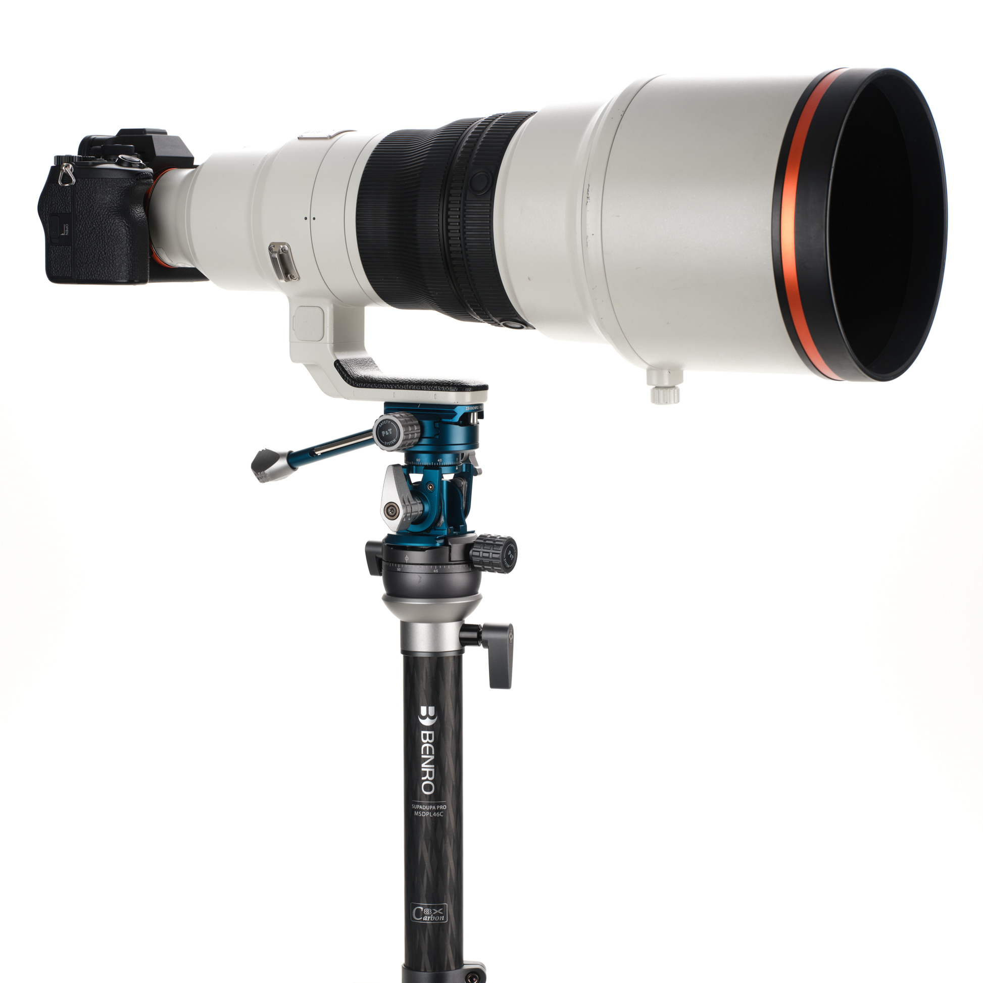 The Benro TH62 Tilt Head mounted on a professional monopod, supporting a long telephoto lens for wildlife photography.