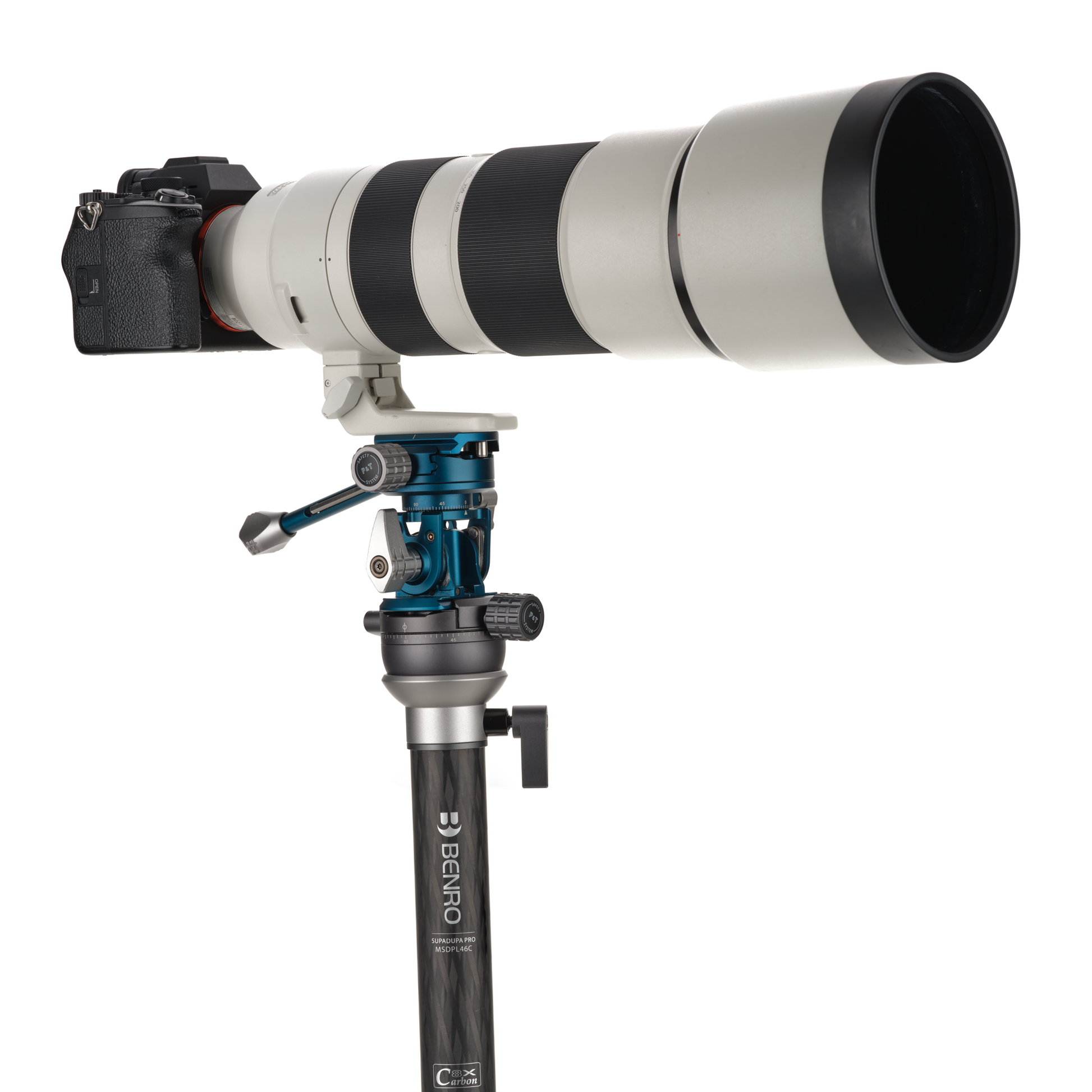 The Benro TH62 Tilt Head mounted on a professional monopod, supporting a DSLR with a long telephoto lens for wildlife photography.
