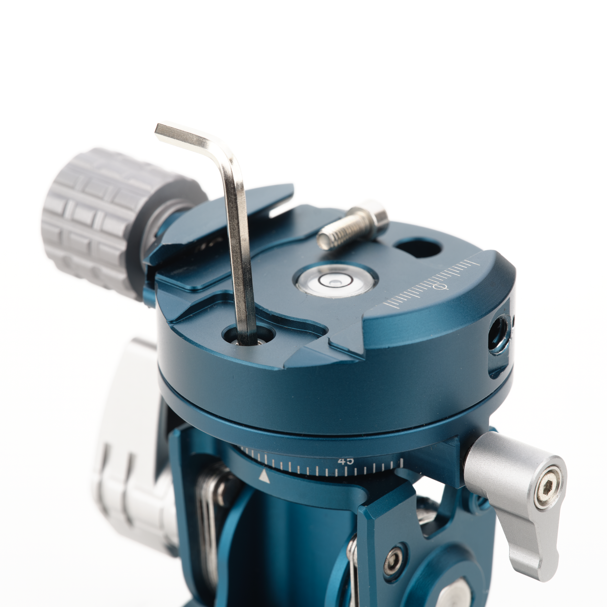 Blue camera lens support with adjustable components.