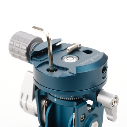 Blue camera lens support with adjustable components.