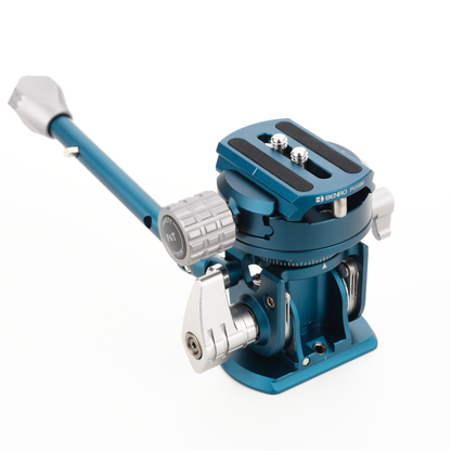 Blue and silver camera tripod head 