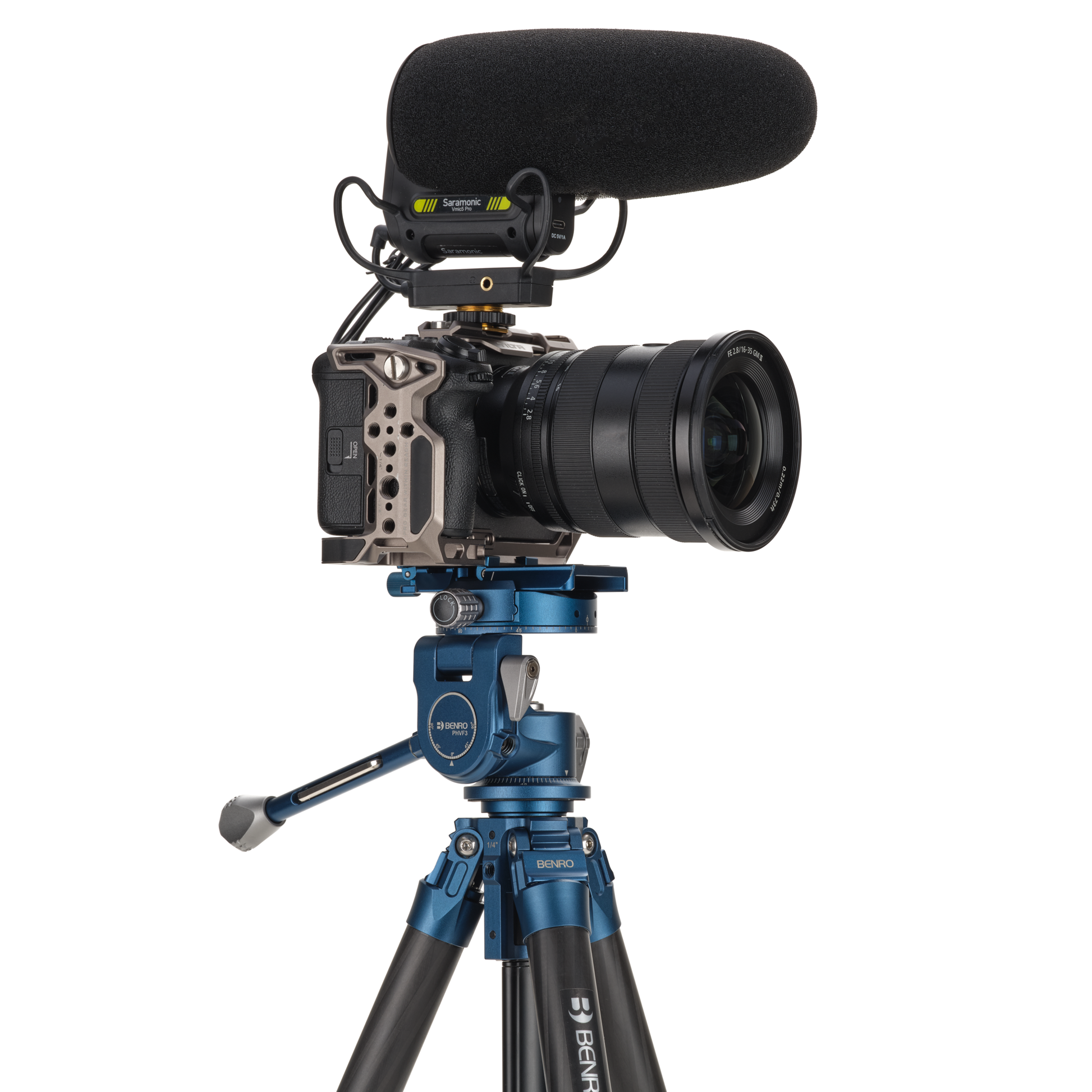 Benro Slim tripod: camera mounting and a microphone on the tripod head.