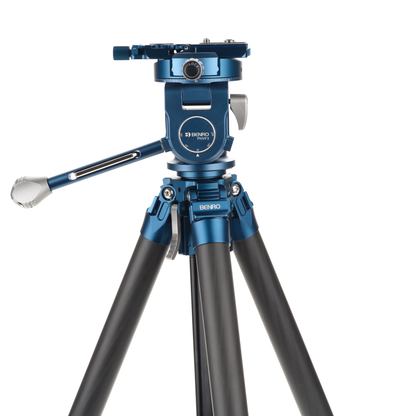 Benro tripod supporting a professional camera cage and gimbal.