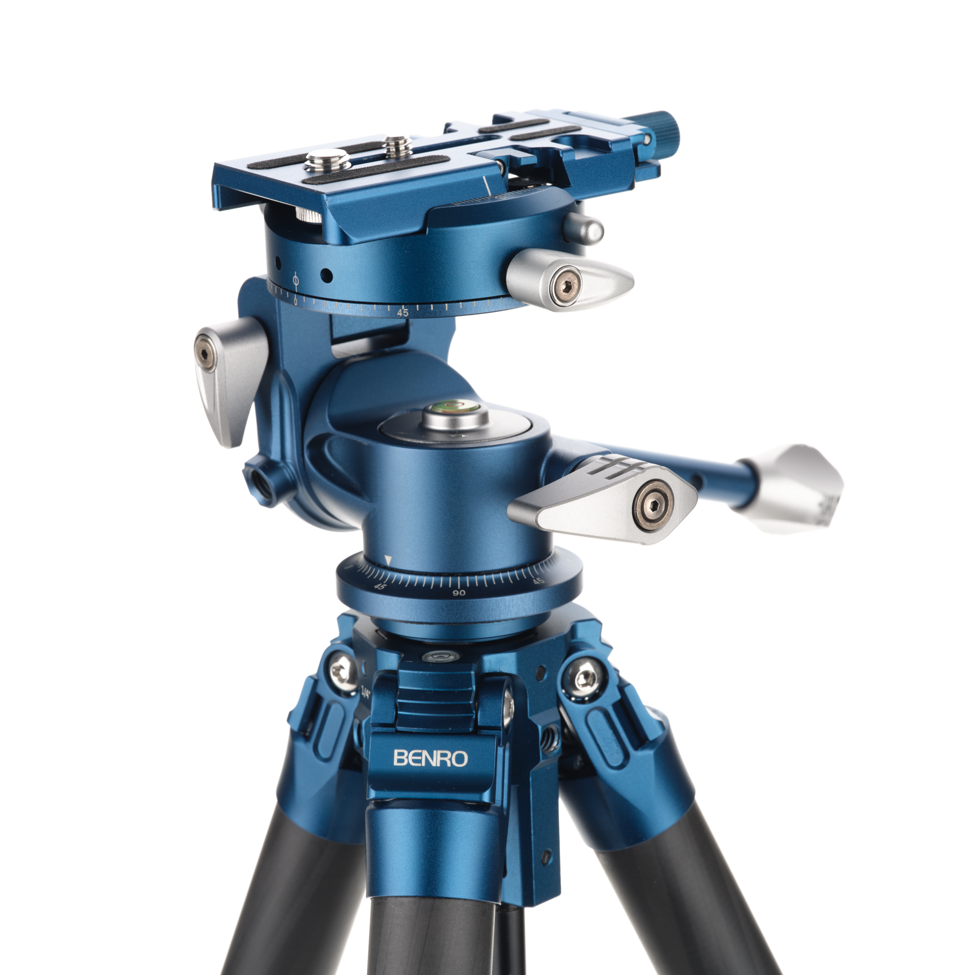 Lightweight carbon fiber tripod legs with 4-section twist locks.