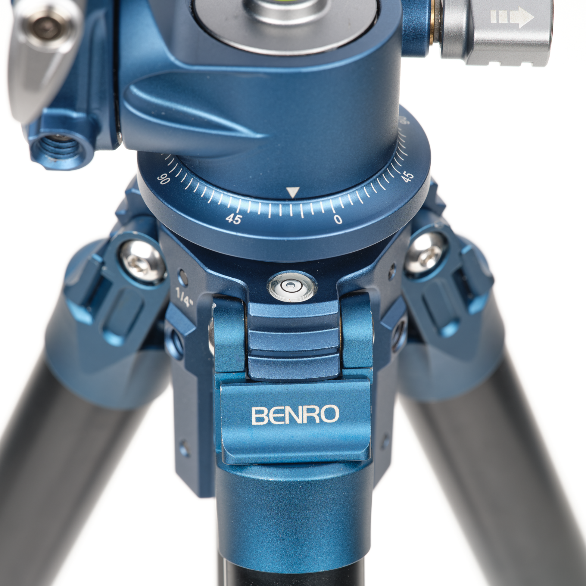 Blue Benro tripod head - displaying a level.