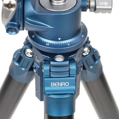 Blue Benro tripod head - displaying a level.