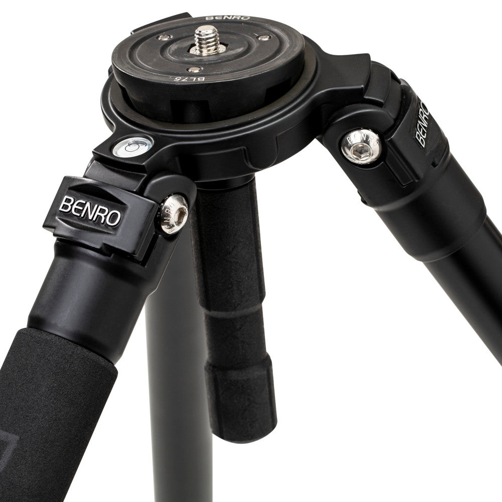 Durable Benro A373FBS6PRO aluminum tripod with S6 PRO video head, rubber/spiked feet, and CNC-machined sliding camera plate. Includes 3-year warranty and 75mm half-ball adapter.