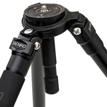Durable Benro A373FBS6PRO aluminum tripod with S6 PRO video head, rubber/spiked feet, and CNC-machined sliding camera plate. Includes 3-year warranty and 75mm half-ball adapter.