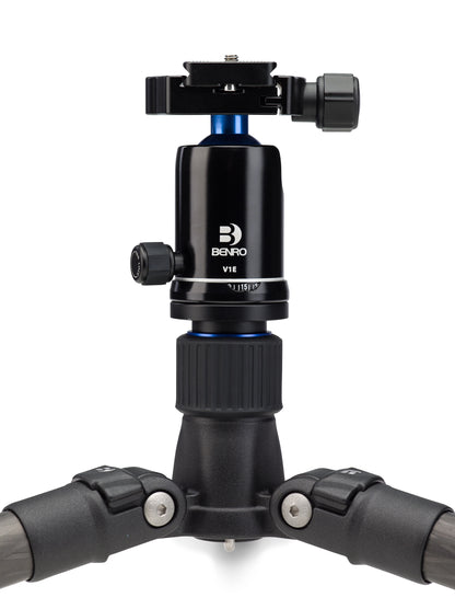 Benro V18 tripod head, shown mounted on a tripod 
