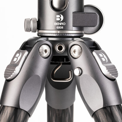 Sturdy Benro Tortoise tripod with column-free design, carbon fiber legs, and GX35 ball head for maximum stability.