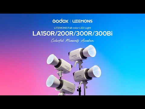 Video demonstrating Godox Litemons LA150R RGB LED light features, including color modes, app control, and Bowens mount modifiers for video production.