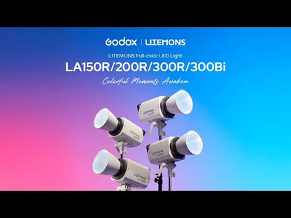 Video demonstrating Godox Litemons LA150R RGB LED light features, including color modes, app control, and Bowens mount modifiers for video production.