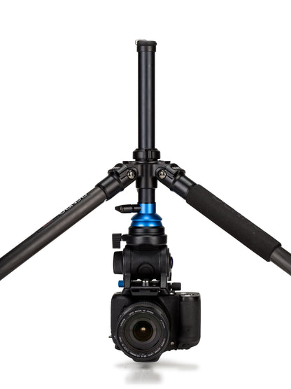 A prosumer video camera securely mounted and balanced on the Benro tripod, showcasing its 2.5kg payload.